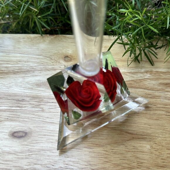 VTG 60's Bircraft Vase Lucite Reverse Carved Deep Red Rose Green Leaves 8.5" H - Picture 4 of 8